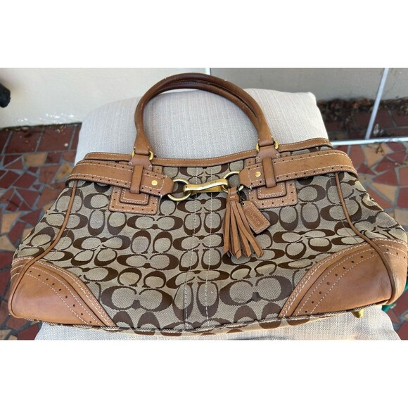 COACH 10508 Handbag Hampton Carrier Tassel Brown Canvas Leather Women Satchel - Picture 2 of 8